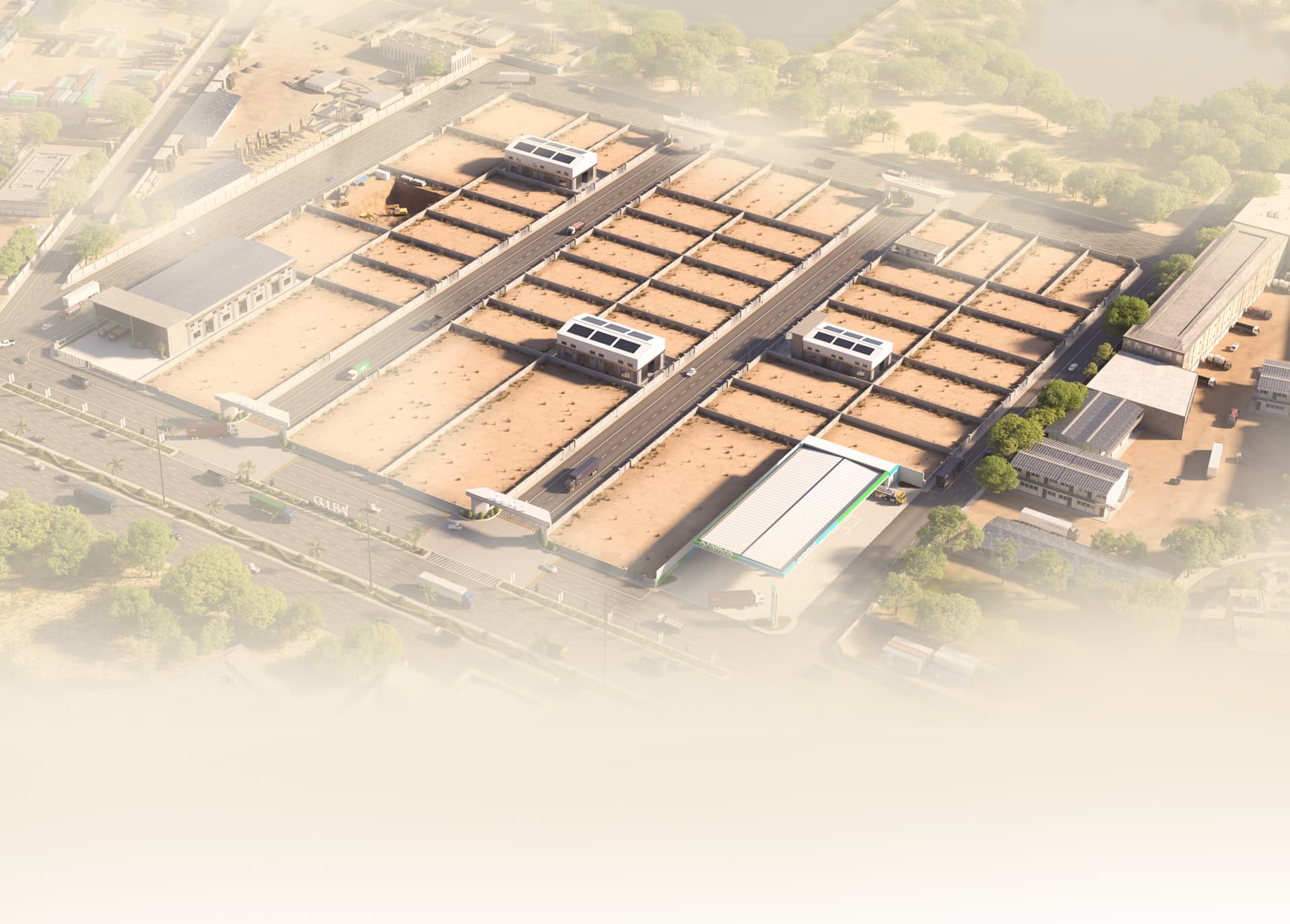 Aerial view of an industrial park showing multiple buildings and roads with greenery around