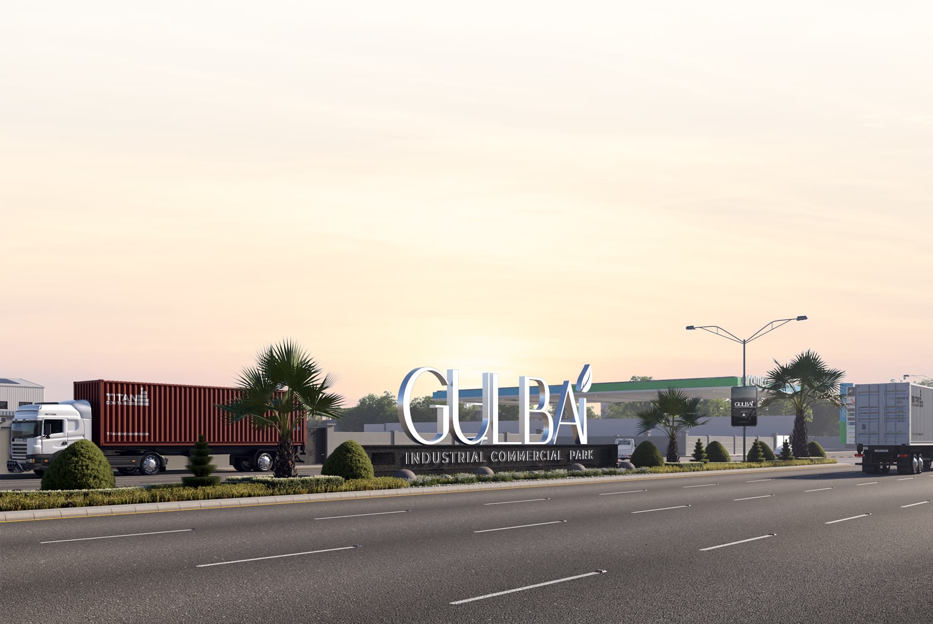Wide road with trucks and industrial park entrance with Gulba logo and greenery