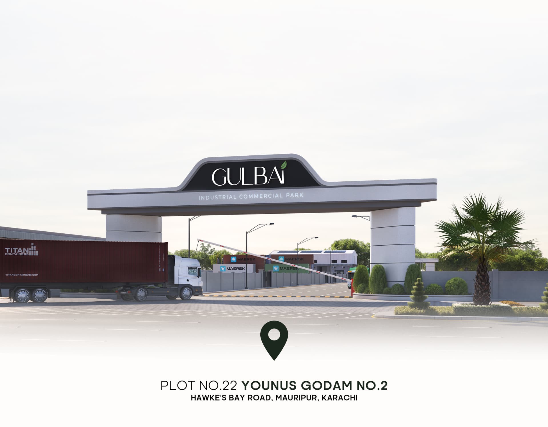 Entrance gate of Gulba Industrial Commercial Park with a truck passing through and trees on the right side